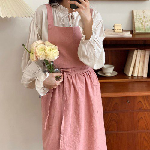 한스데이 플로리스트 카페 린넨 플라워 원피스 플레어 자수 앞치마