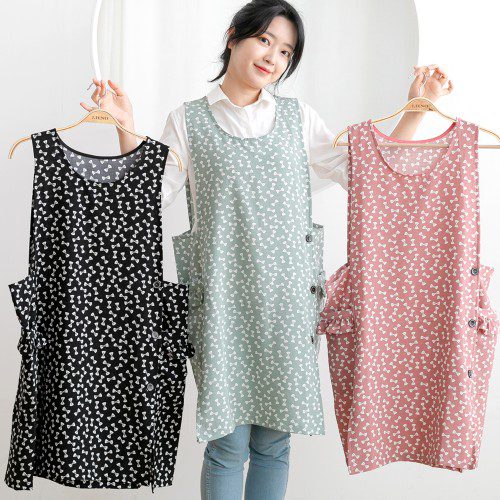 여름 데코에버 쁘띠 리본 쉬폰앞치마 롱 원피스 옆주머니형 어린이집 교사 요양보호사