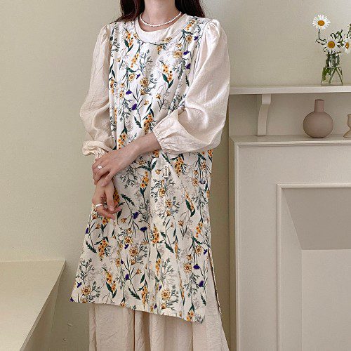 한스데이 플라워 단추형 트임 어린이집 유치원 원피스 자체제작 앞치마 노란꽃